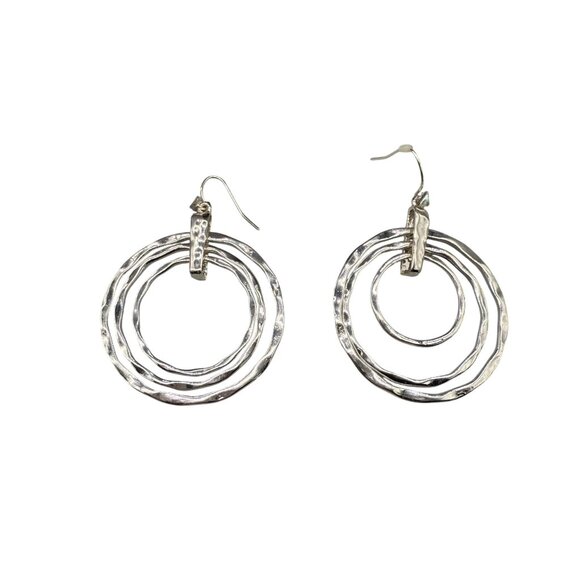 Textured Triple Hoop Dangle Drop Changeable Earrings Silver Tone Minimalist - Picture 4 of 6